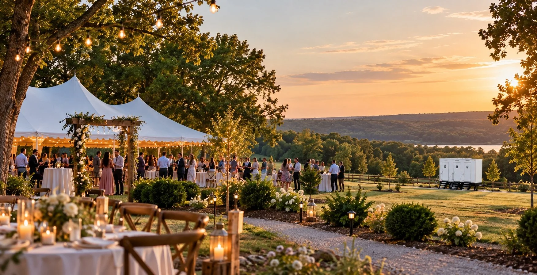 Outdoor North Alabama wedding with a restroom trailer available for guests in the distance