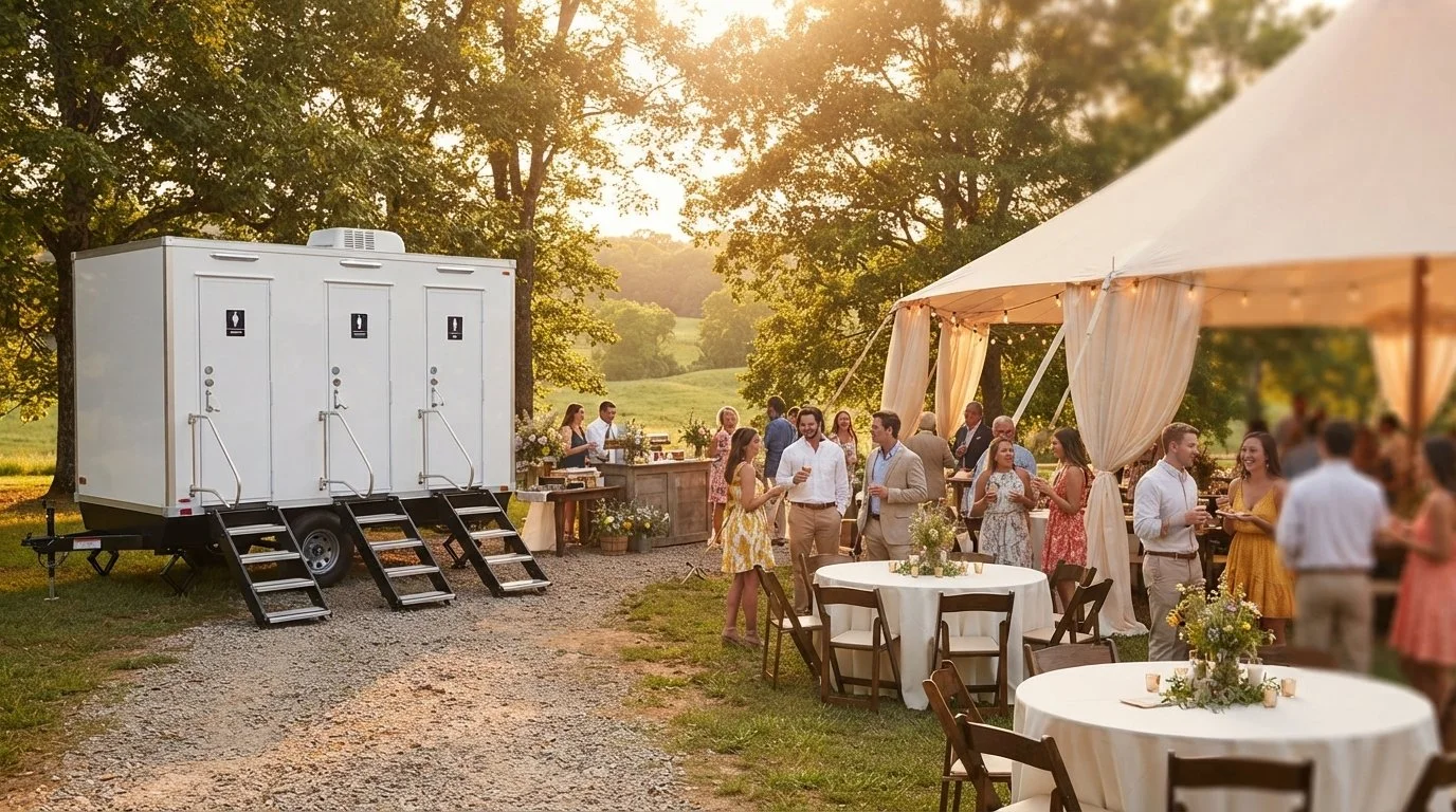Outdoor North Alabama wedding with a restroom trailer available for guests in the distance