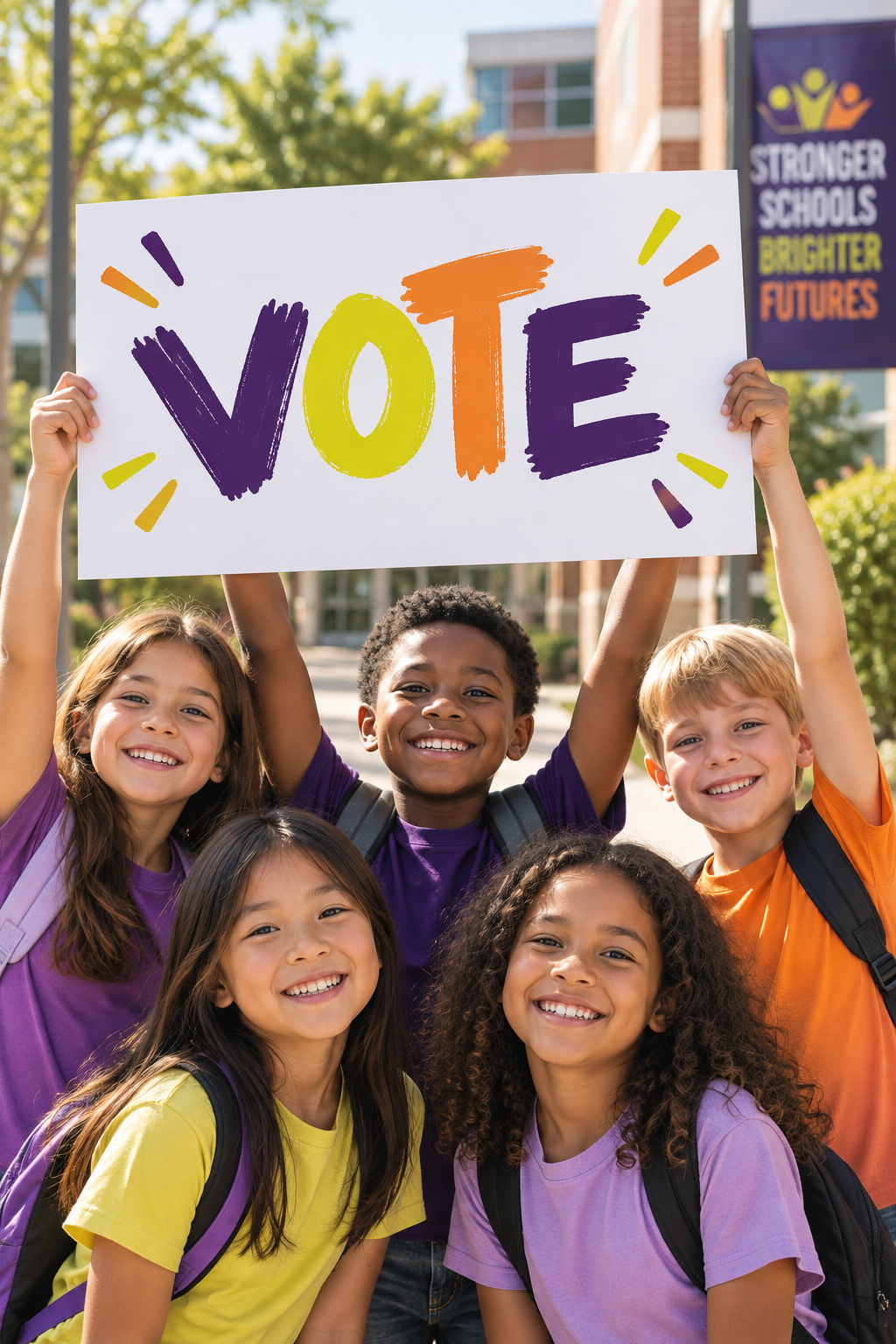 kids holding up a sign that says vote.