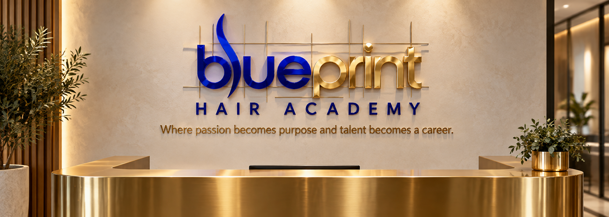 Reception area with a gold curved desk, a wall with a blue and gold logo that reads 'blueprint' and 'HAIR ACADEMY,' and a slogan underneath that says 'Where passion becomes purpose and talent becomes a career.' Two potted plants sit on either side of the desk.