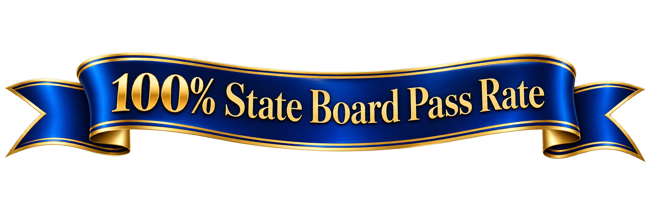 Blue banner with gold trim reading '100% State Board Pass Rate' in gold text.