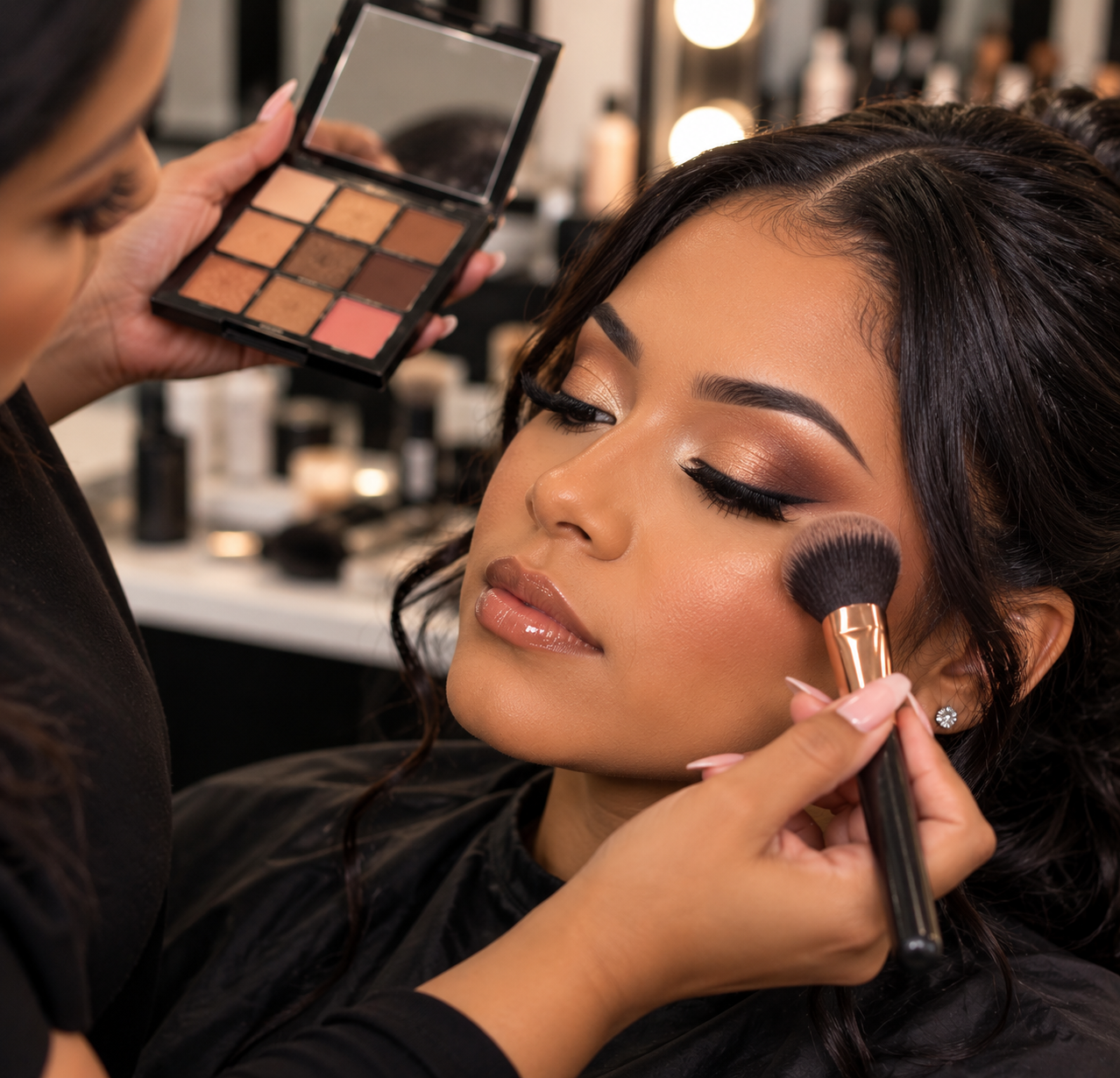 Makeup artist applying blush to woman with dark hair and makeup, holding a pink eyeshadow palette, in a beauty salon.