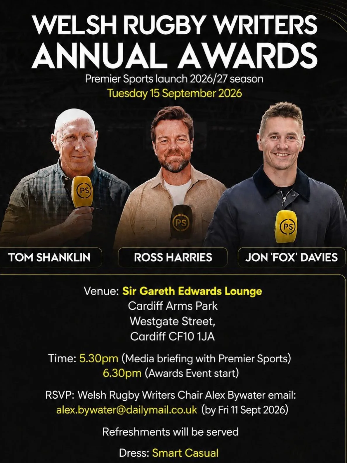 🏴󠁧󠁢󠁷󠁬󠁳󠁿 🏆 🏴󠁧󠁢󠁷󠁬󠁳󠁿 

Our latest club event is next week!

The Welsh Rugby Writers awards,
with @premsportstv, will be held in Cardiff next Tuesday. 

🗣️ @rossharriesrugby @shanks_the_tank @jonfoxdavies

All members welcome! RSVP to @_a