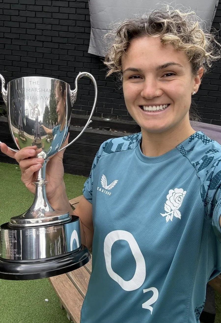Ellie Kildunne, the England Red Roses rugby player, with the Rugby Union Writers' Club trophy, the Pat Marshall Memorial Award.