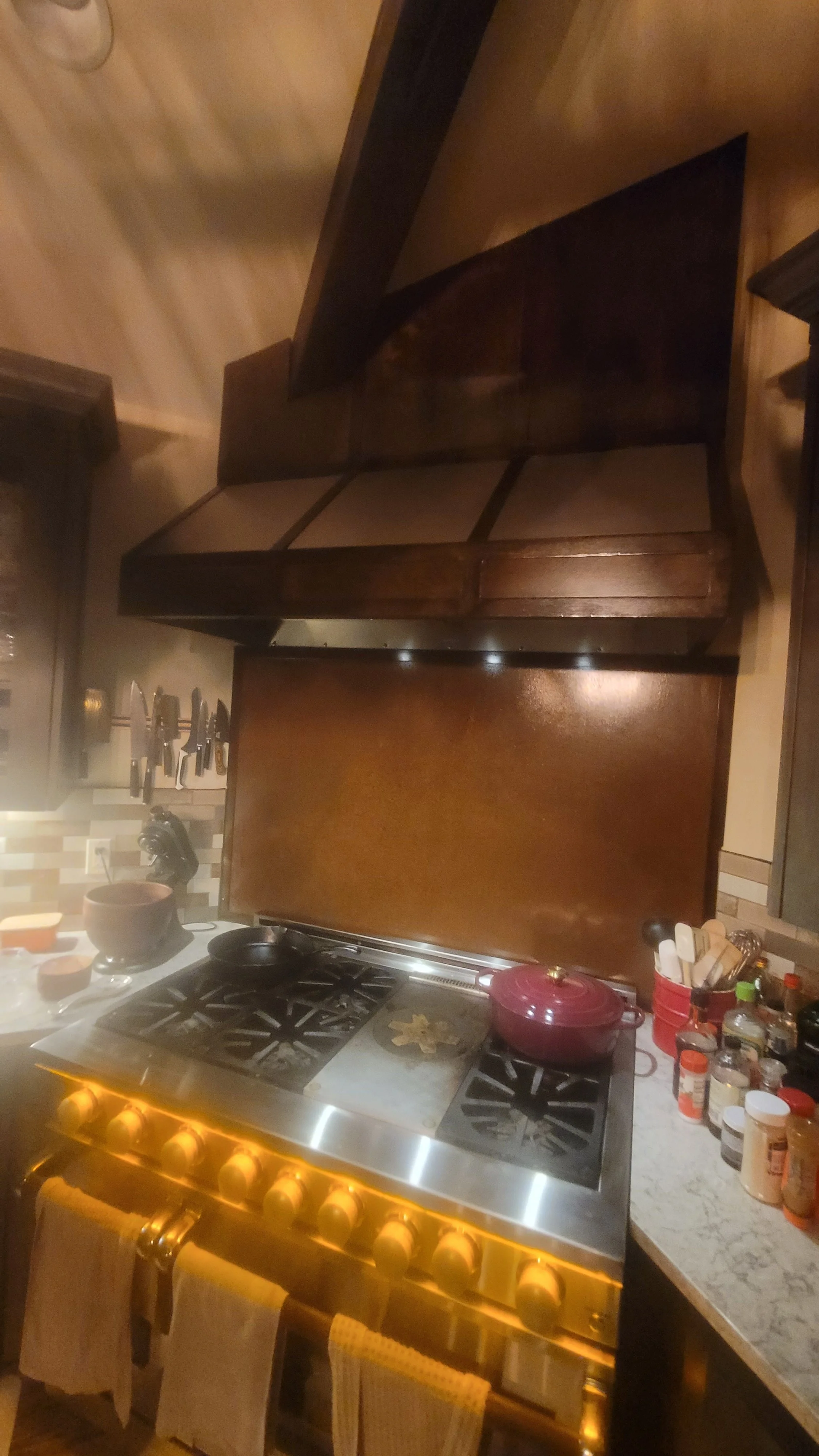 A kitchen stove and oven with a red cast iron pot on top. To the right are spices and kitchen utensils. Above the stove are dark wooden cabinets and a custom steel/aluminum range hood designed, fabricated and installed by Jack Creek Contracting.