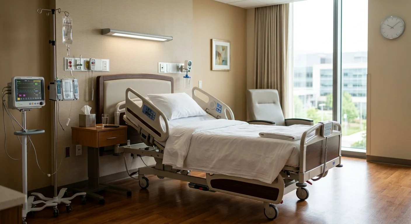 Hospital room with adjustable bed, medical devices including a monitor, IV drip, a side table with drinking glass, and a chair near window.