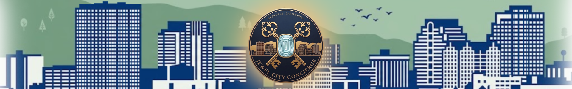 Illustration of the Glendale, California city skyline with green hills in the background, and the Jewel City Concierge logo featuring keys and a gemstone at the center.