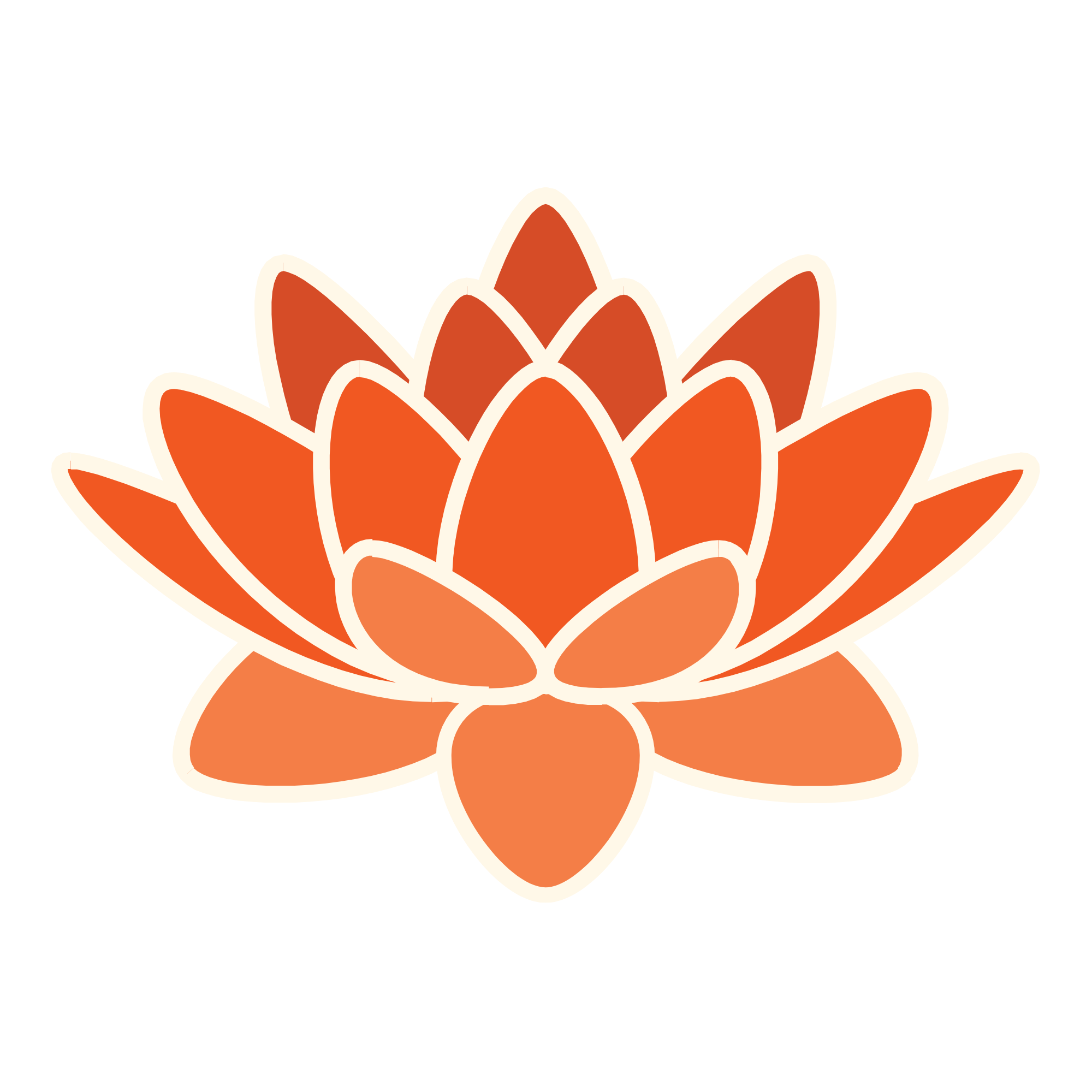 Illustration of a symmetrical orange flower with multiple petals outlined in cream, set against a black background.