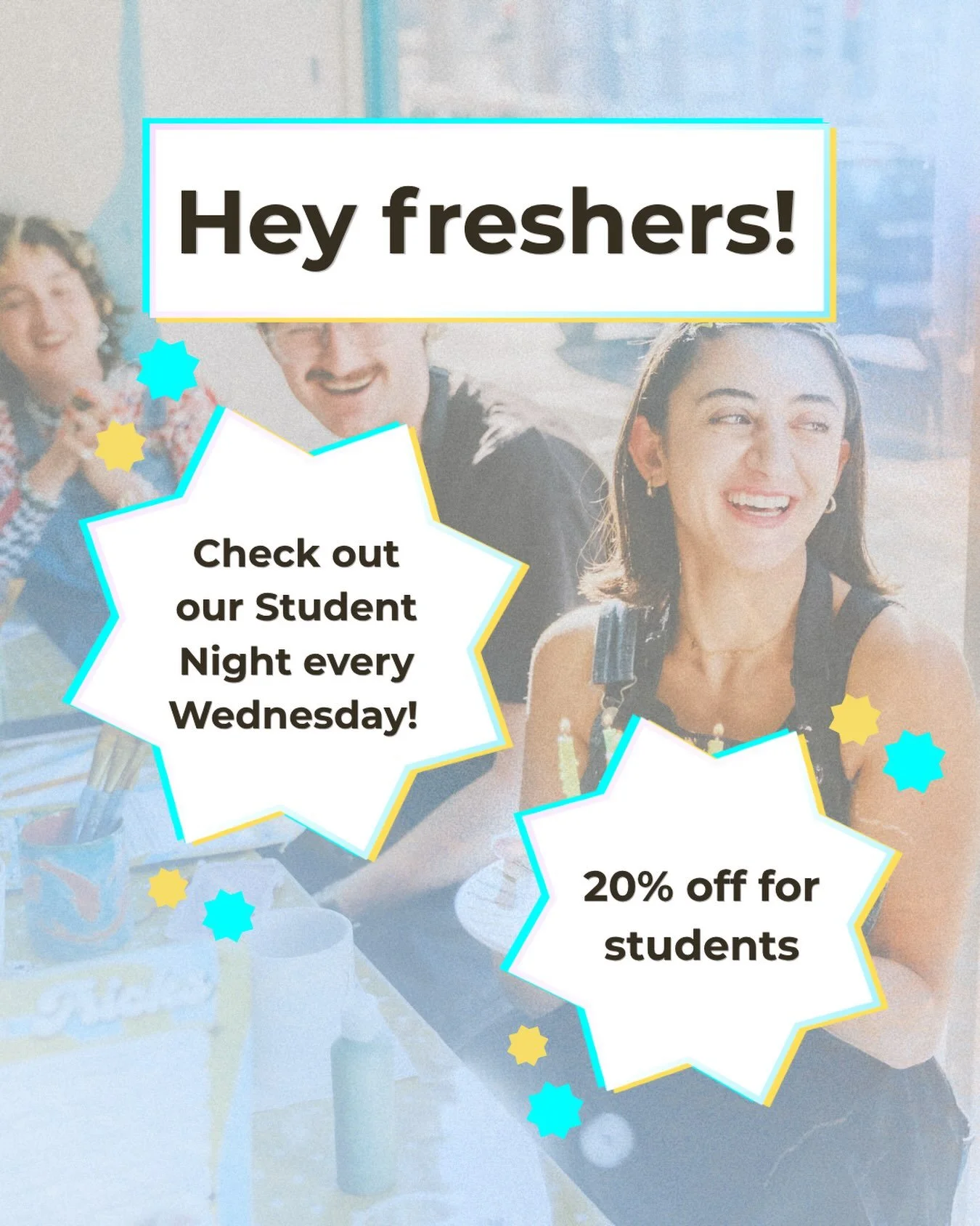 Hey Freshers! Looking for something to do after class? 📚 

Try out our Student Night for 20% student discount on pottery pieces every Wednesday! BYOB!🖌️🍻

Student ID required🪪