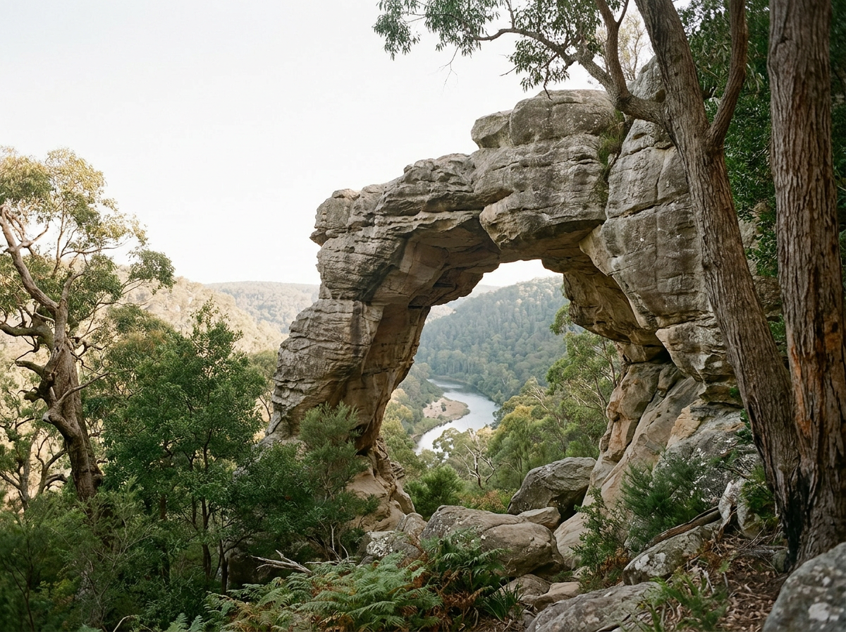 A natural rock formation arch with a view of a winding river and forested landscape in the background, surrounded by trees and greenery.