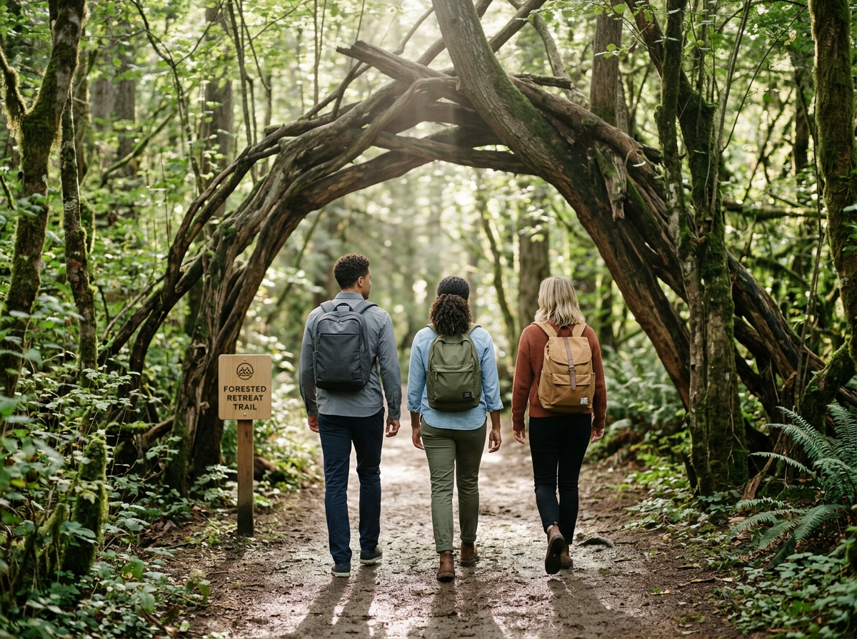 Three people with backpacks walk through a lush, green forest along a trail. They are approaching a natural archway made of intertwined branches and trees. There is a sign that says 'Forested Retreat Trail' near the trail.