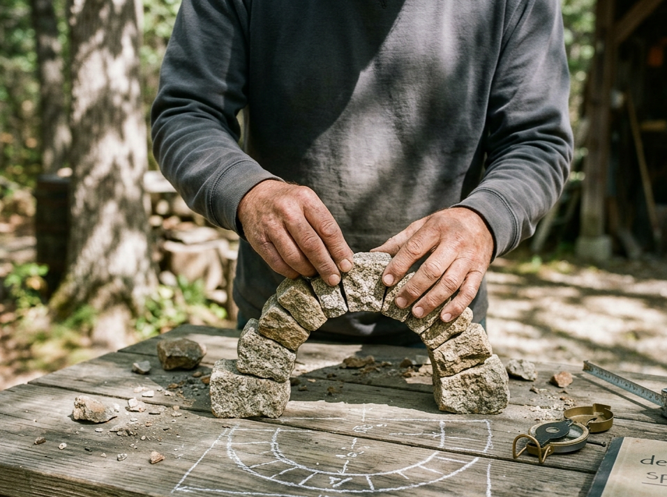 A person outdoors arranging rocks into a semi-circular arch on a wooden table, with tools and chalk markings nearby.