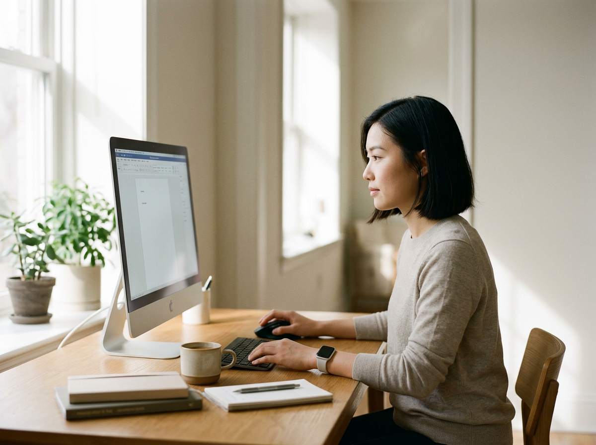 A woman with shoulder-length black hair working at a wooden desk with a desktop computer, a coffee mug, notebooks, and a pen, in a bright room with windows and houseplants.