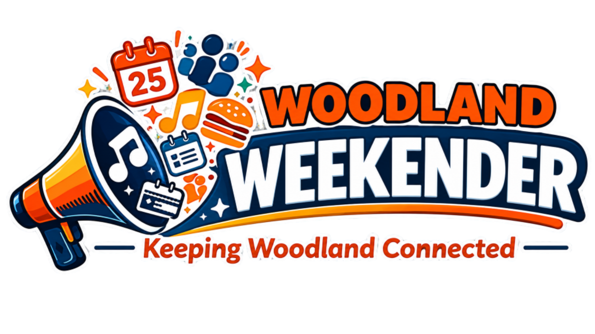 Logo for Woodland Weekender, featuring a megaphone with icons of a calendar, music notes, hamburger, and people, along with the tagline 'Keeping Woodland Connected'. Woodland, Washington