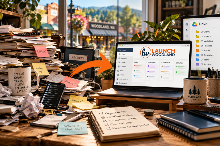 Messy desk with piles of papers, sticky notes, electronic devices, and a laptop displaying a project management app, with a large window showing a street scene outside. Services for Launch Woodland