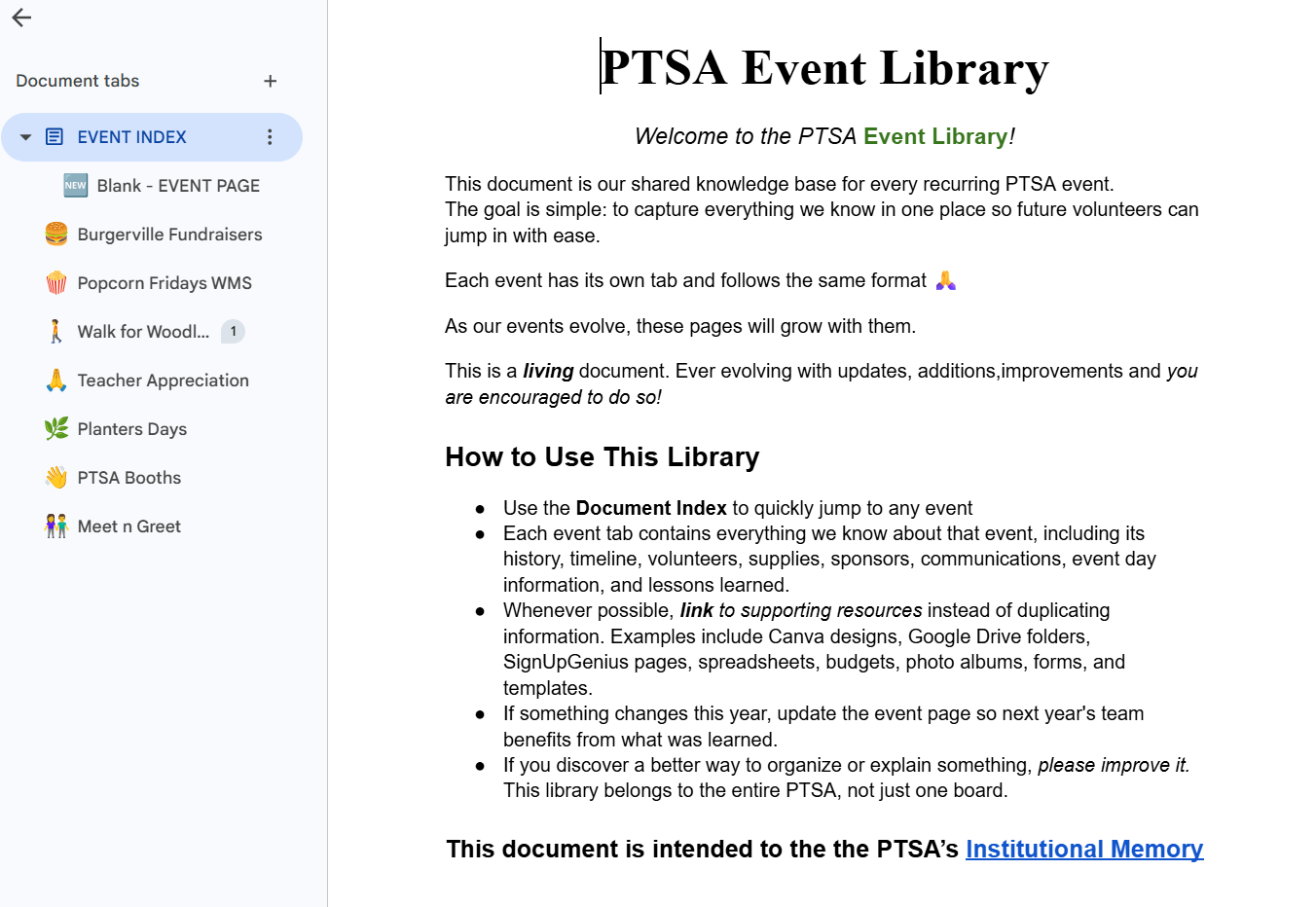 Screenshot of a digital document titled 'PTSA Event Library' outlining the purpose and usage guidelines for the PTSA event knowledge base, with a sidebar menu listing various event categories such as Fundraisers, Walks, Teacher Appreciation, and more.