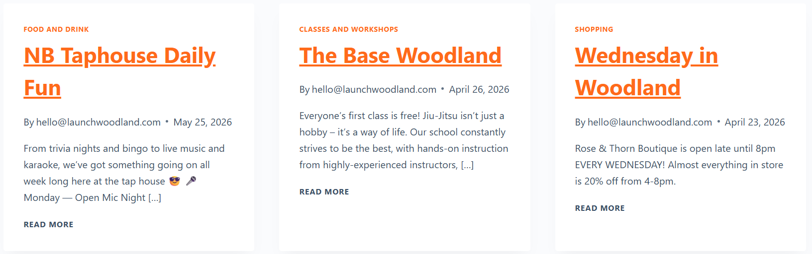 Screenshot of a website with three sections: 'Food and Drink', 'Classes and Workshops', and 'Shopping'. Each section features a title in bold, orange text, with descriptions and dates. The section titles are highlighted in orange and underlined.