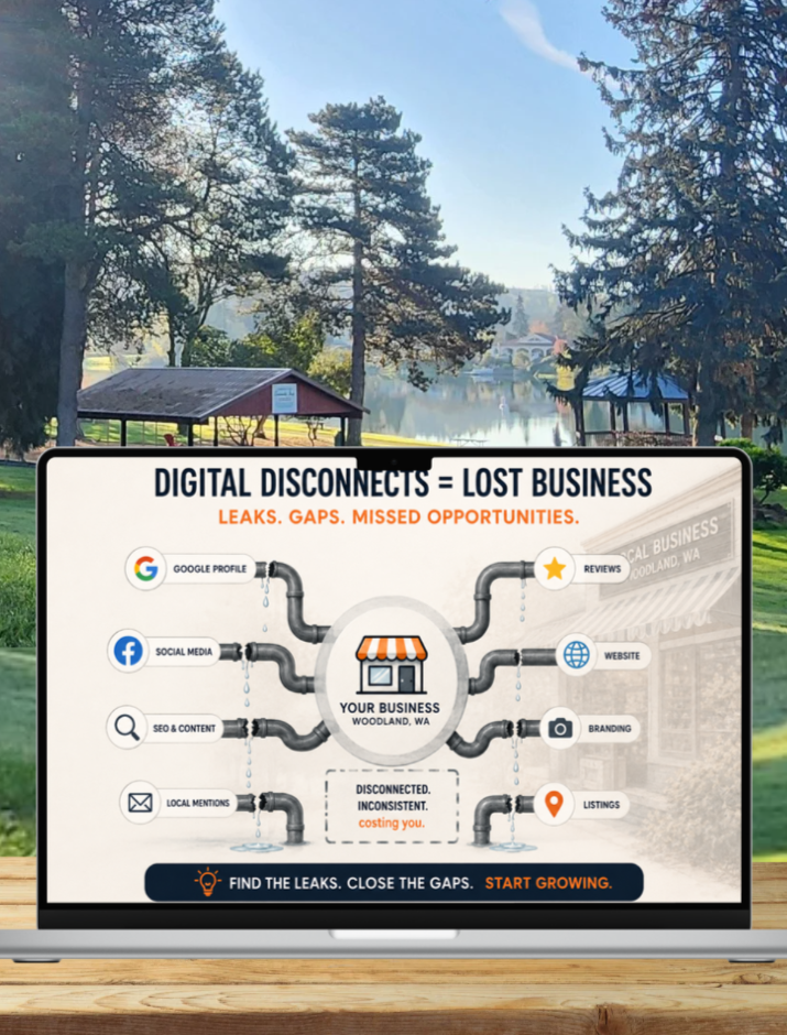 A graphic on a laptop screen illustrating how digital disconnects like Google Profile, social media, SEO, local mentions, reviews, website, branding, and listings create leaks and gaps that harm local business in Woodland, WA, and suggest closing these gaps to improve business growth.