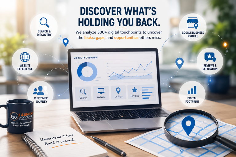Business presentation slide showing digital marketing analysis tools with a laptop, magnifying glass, notebook, pen, and a branding mug on a desk of services Launch Woodland offers