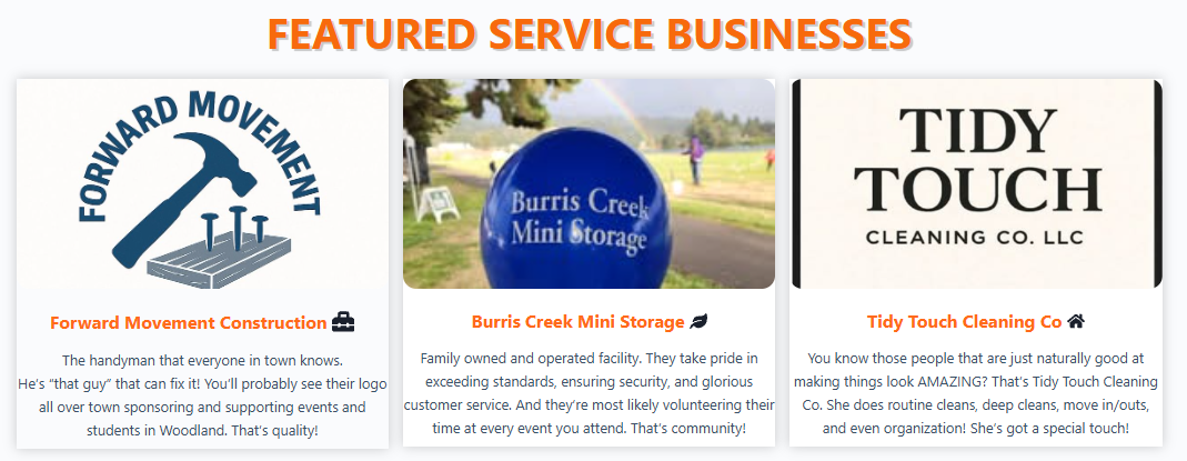 Banner showcasing featured service businesses: Forward Movement Construction, Burris Creek Mini Storage, and Tidy Touch Cleaning Co. with descriptions of their services.