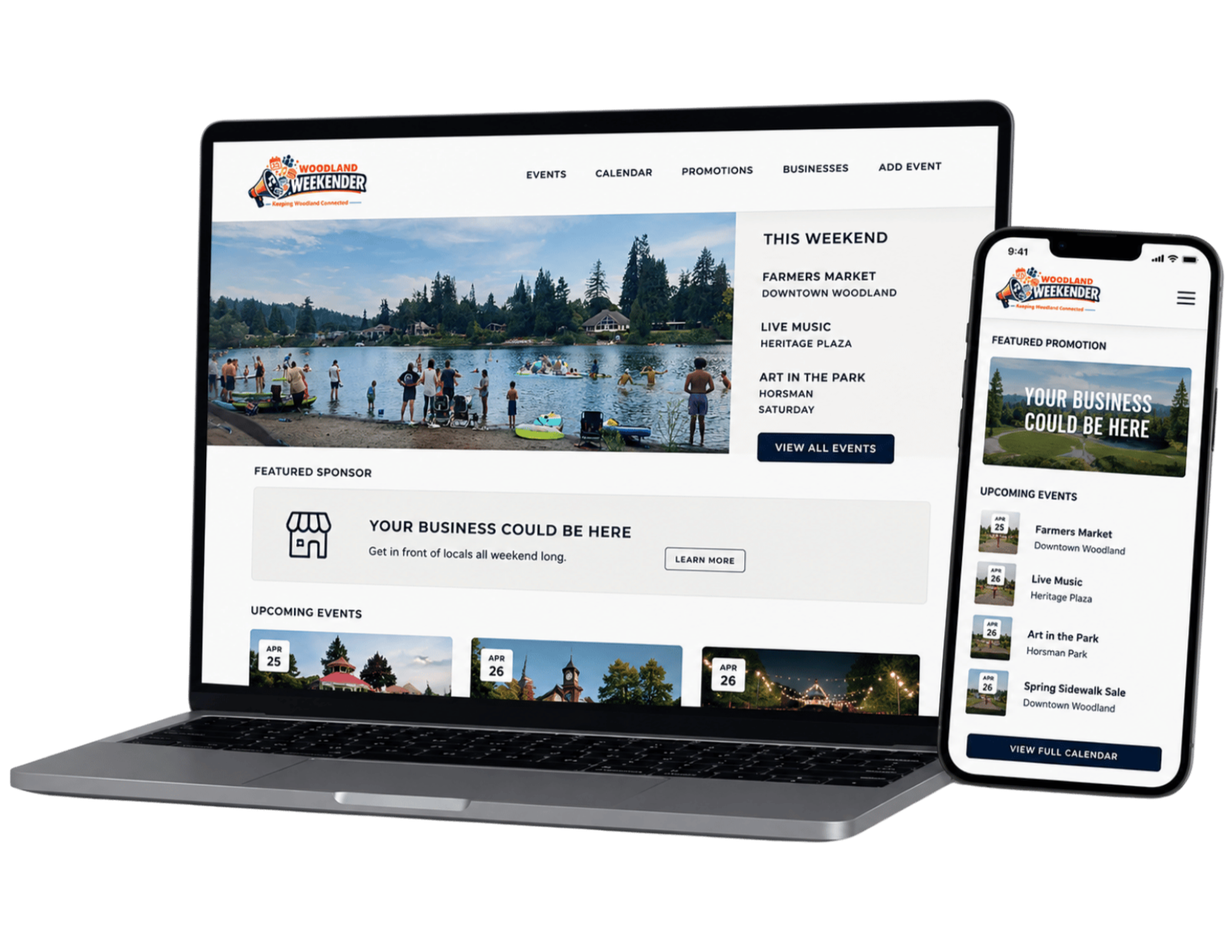 Laptop and smartphone screens displaying a webpage for the Woodland Weekend event, including events, upcoming activities, and a banner with the slogan "Your Business Could Be Here."