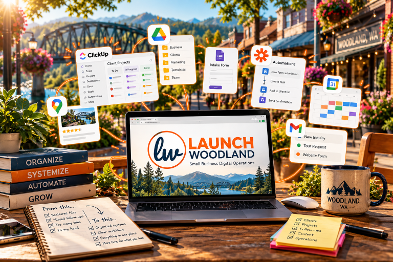 A laptop on a wooden table displaying the Woodland Small Business Digital Operations logo, with digital icons and forms representing various small business management and automation tools floating above it, set outdoors with potted plants, books, and a mug with Woodland, WA on it. The background features a bridge and trees.