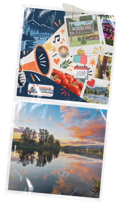Two photographs inside a transparent folder. The top photograph depicts a collage with a wooded area, a sign saying 'WOODLAND,' colorful flowers, a calendar, and photos of people. The bottom photograph shows a serene landscape with a river reflecting a sunset sky with orange and pink clouds, trees along the riverbank, and mountains in the distance.