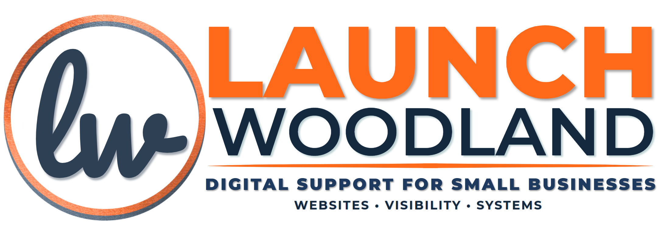 Logo for Launch Woodland, a digital support service for small businesses, featuring a circular graphic with 'LW' initials, and text highlighting websites, visibility, and systems.