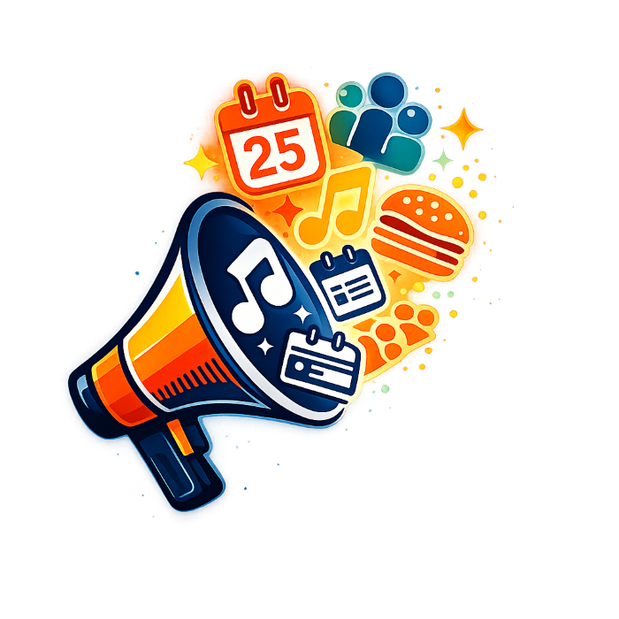 A colorful illustration of a megaphone with various icons emerging from it, including a calendar, people, music note, hamburger, and film clapperboard, representing entertainment and social activities Woodland Weekender.