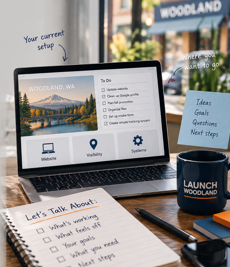 A laptop on a wooden desk displaying a scenic photo of Woodland, Washington, with a to-do list and icons for website, visibility, and systems. There is a notebook titled 'Let's Talk About:' with checklists, a pen, a mug that says 'Launch Woodland,' and sticky notes with additional ideas and goals. The desk is next to a window with an outdoor view.