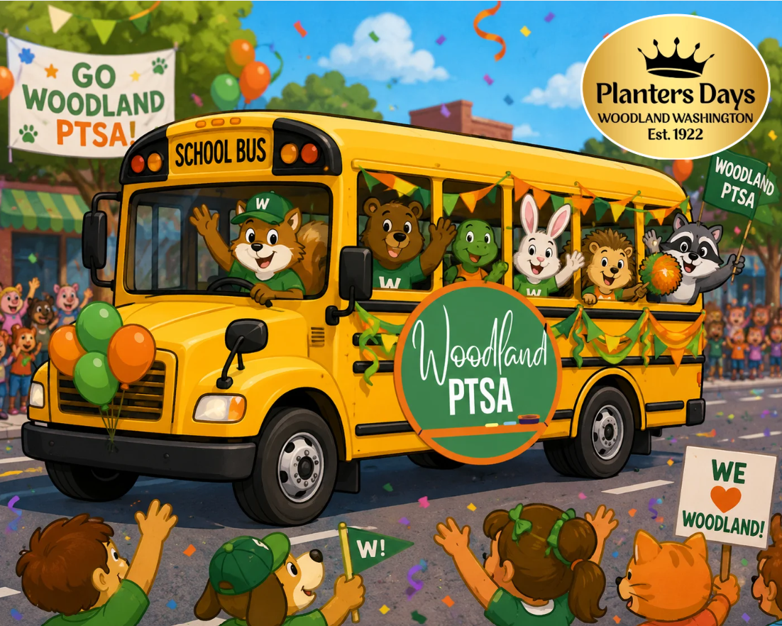 Colorful scene of a yellow school bus decorated for a Woodland PTSA parade with various animal characters on board, including a fox, bear, frog, rabbit, lion, and raccoon, smiling and waving. The bus has balloons and banners, with a crowd of children and animals cheering on the street, holding signs that say 'GO WOODLAND PTSA' and 'WE ♥ WOODLAND!'. Festive confetti and streamers fill the air.
