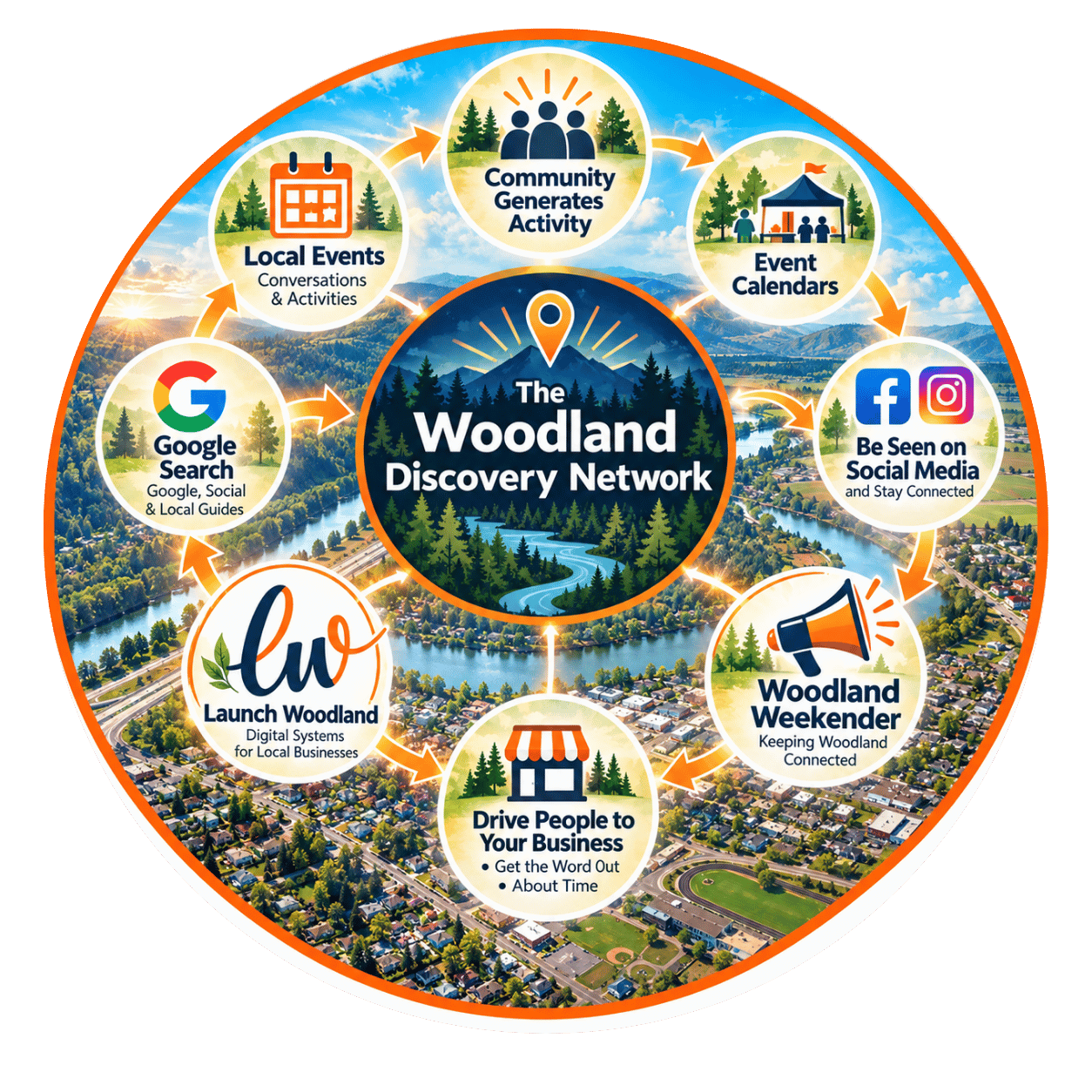 The Woodland Discovery Network infographic illustrating community engagement strategies, including local events, community activities, event calendars, social media presence, woodland weekend events, driving local businesses, launching digital systems, and Google search guides, all centered around a scenic landscape with a river, mountains, and a town.