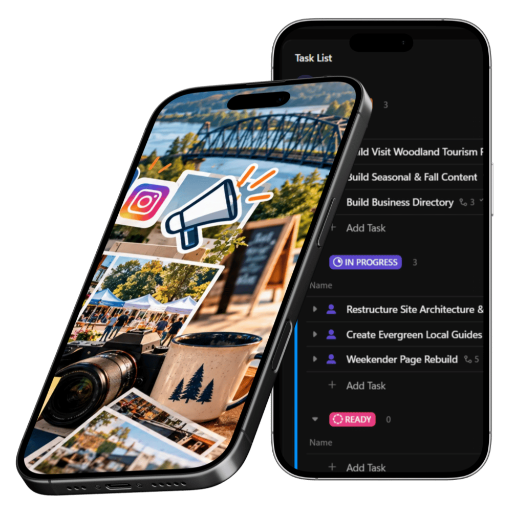 Two smartphones displaying a photo sharing app and a to-do list app, with photos of outdoors, a camera, and a mug with a pine tree print.