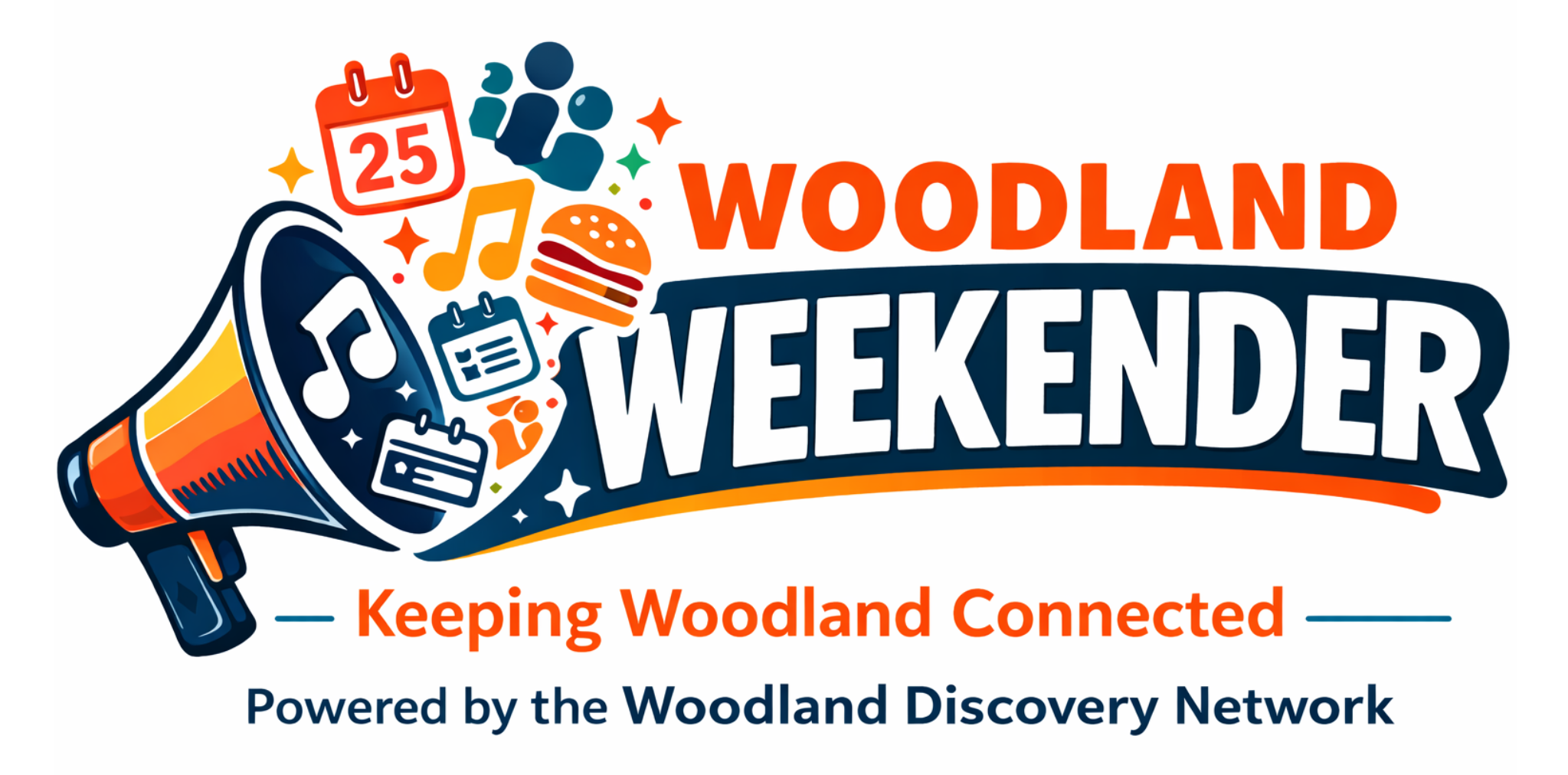 The image features a colorful logo for the Woodland Weekender, including a megaphone with icons representing music, food, and community, along with date and connection slogans.