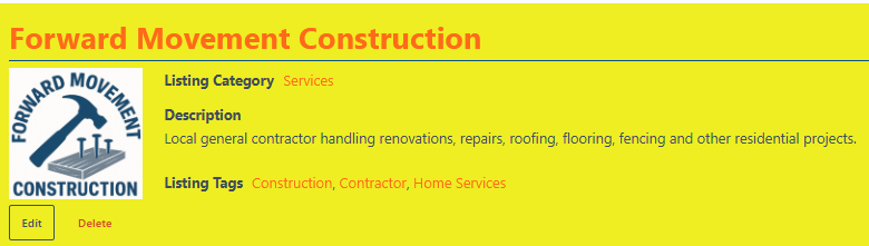 Screenshot of a website or digital listing titled 'Forward Movement Construction' with a yellow background, red headings, and black text. It includes categories like Services, description of construction services, and tags like Construction, Contractor, Home Services.