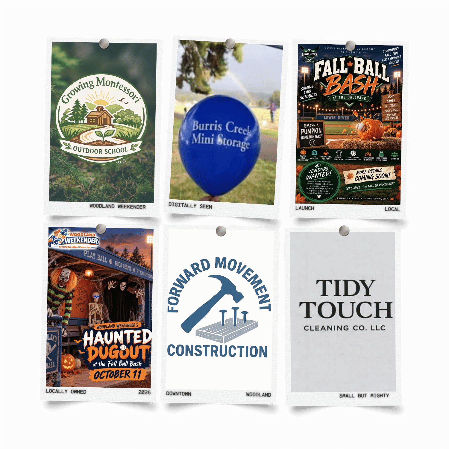 A collage of six promotional flyers for various community events and local businesses, including a woodland weekend outdoor school, Burris Creek Mini Storage, a fall ball bash at a baseball field, a Halloween-themed event with Halloween characters, a construction company, and a cleaning service.