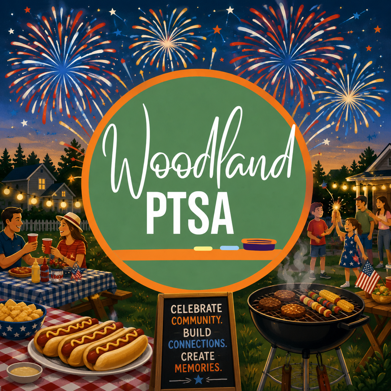 A festive outdoor celebration with fireworks, hot dogs, baked potatoes, and friends enjoying food and drinks, for the Woodland PTSA event.