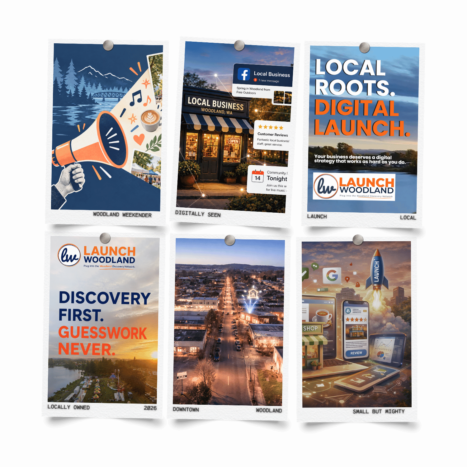 A collection of six posters on a black background. The top row features posters promoting Woodland events and businesses, including a woodland weekend, a local business in Woodland, WA, and a digital launch campaign. The bottom row shows posters about local ownership, downtown, Woodland cityscape at sunset, and a digital marketing theme with apps and rockets.