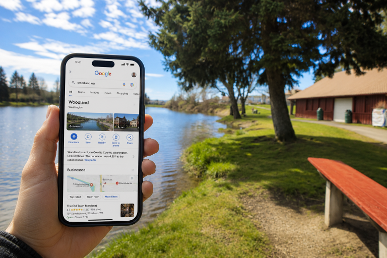 A person holding a smartphone displaying a Google search for Woodland, Washington, with a scenic outdoor view of a river, trees, and a red building promoting working with Launch Woodland.