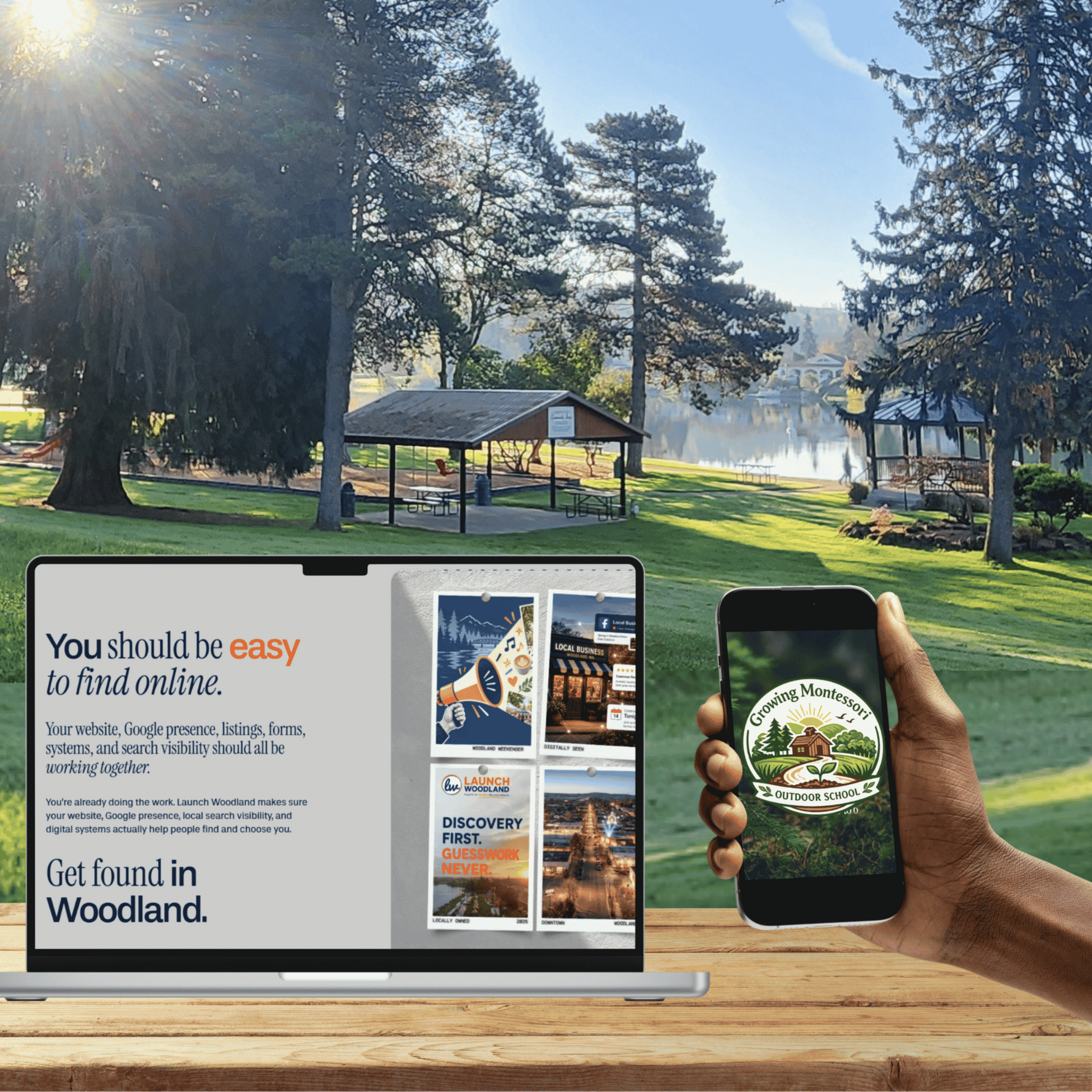 A laptop on a wooden table displaying a webpage about online presence and SEO, with a person holding a smartphone showing a 'Growing Montessori Outdoor School' logo, against a backdrop of trees, gazebos, and a lake on a sunny day.