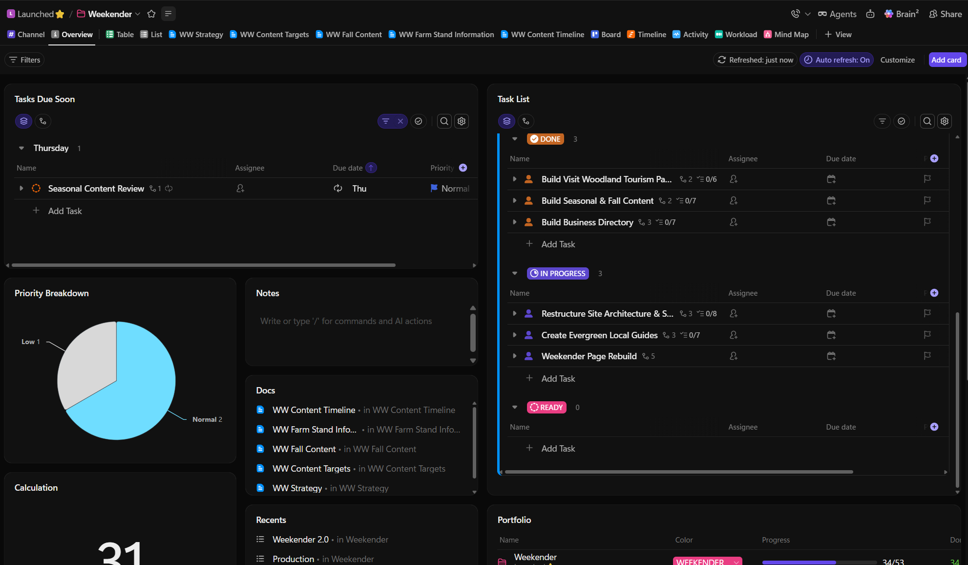 Screenshot of a project management task management ClickUp custom build services of Launch Woodland of Woodland, Washington