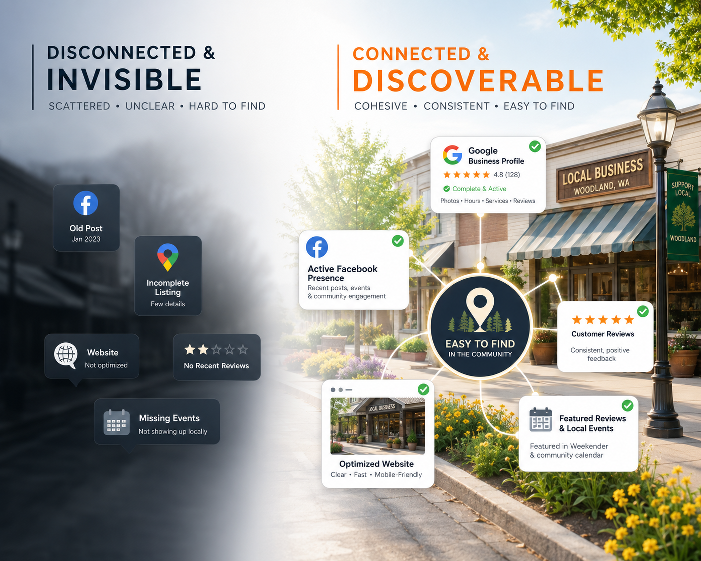 Comparison of disconnected and invisible online presence with connected and discoverable local business profile on a storefront, showing Google reviews, Facebook presence, website, and community events Launch Woodland