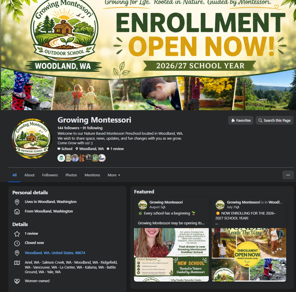 Banner announcing open enrollment for Growing Montessori outdoor school in Woodland, Washington for the 2026/27 school year, featuring images of children outdoors, a Nature themed logo with house, trees, and a pathway.