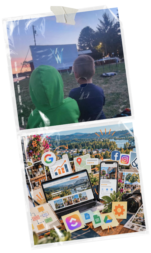 Two children watch a drive-in movie outdoors at sunset, with a large screen showing a blue logo, and a second image of a laptop and smartphone displaying photos, social media icons, and a scenic view, surrounded by plants and technology icons.