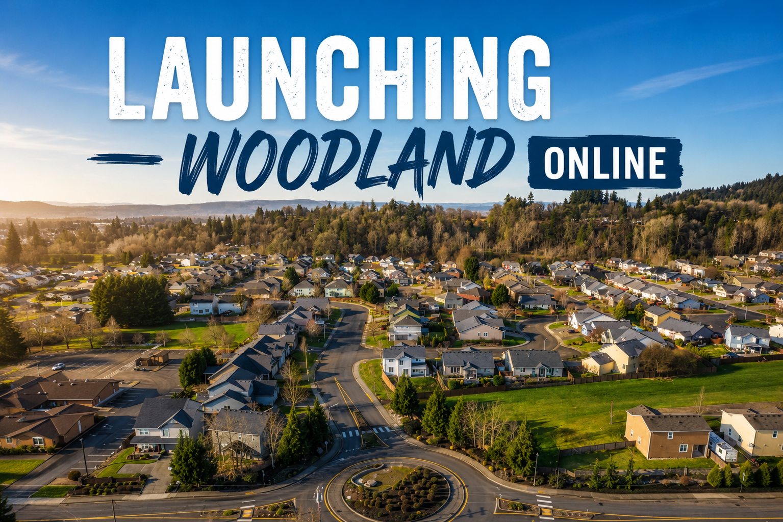 Aerial view of a suburban Woodland, WA with houses, trees, and a circular road intersection under a blue sky with text overlay that reads 'Launching Woodland Online' with services from Launch Woodland