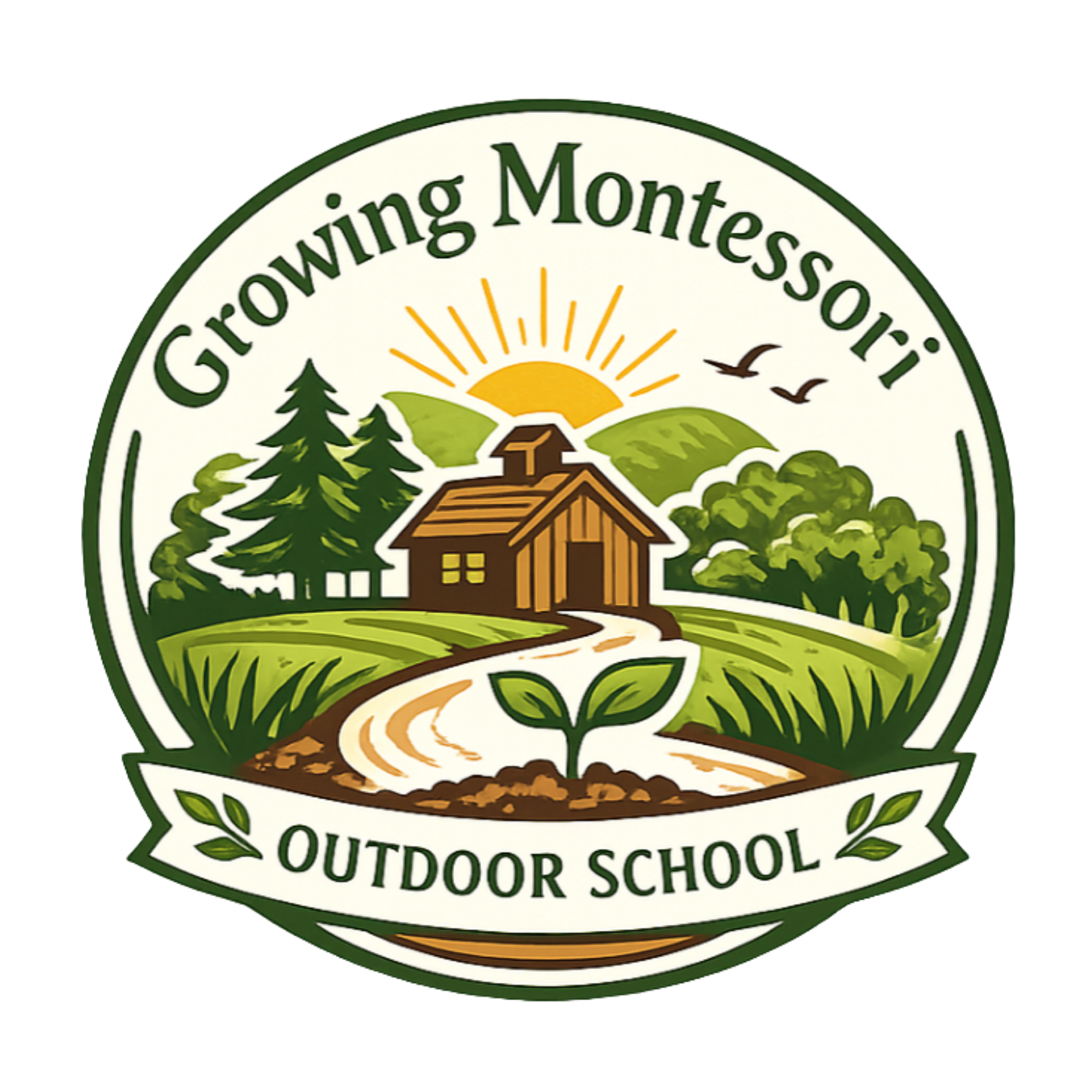 Logo of Graowing Montessouri Outdoor School with a scenic illustration of a sunrise, trees, a small house, a dirt path, and lush greenery, featuring the text 'Graowing Montessouri OUTODOR SCHOOL'.