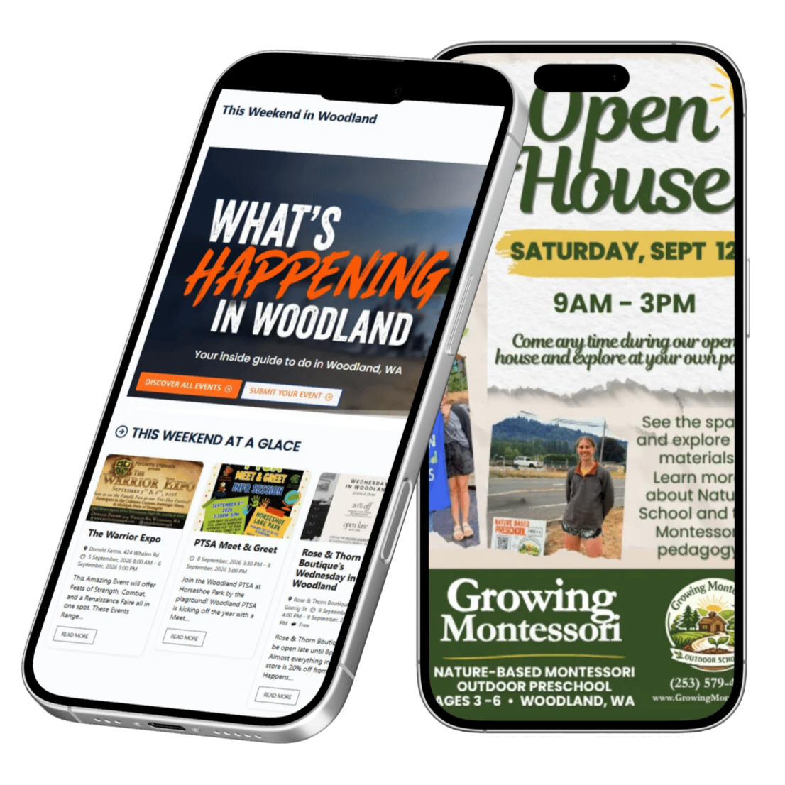 Two smartphones displaying event flyers: one promoting woodland weekend activities and the other advertising an open house event in Woodland, Washington, with details about dates and times.