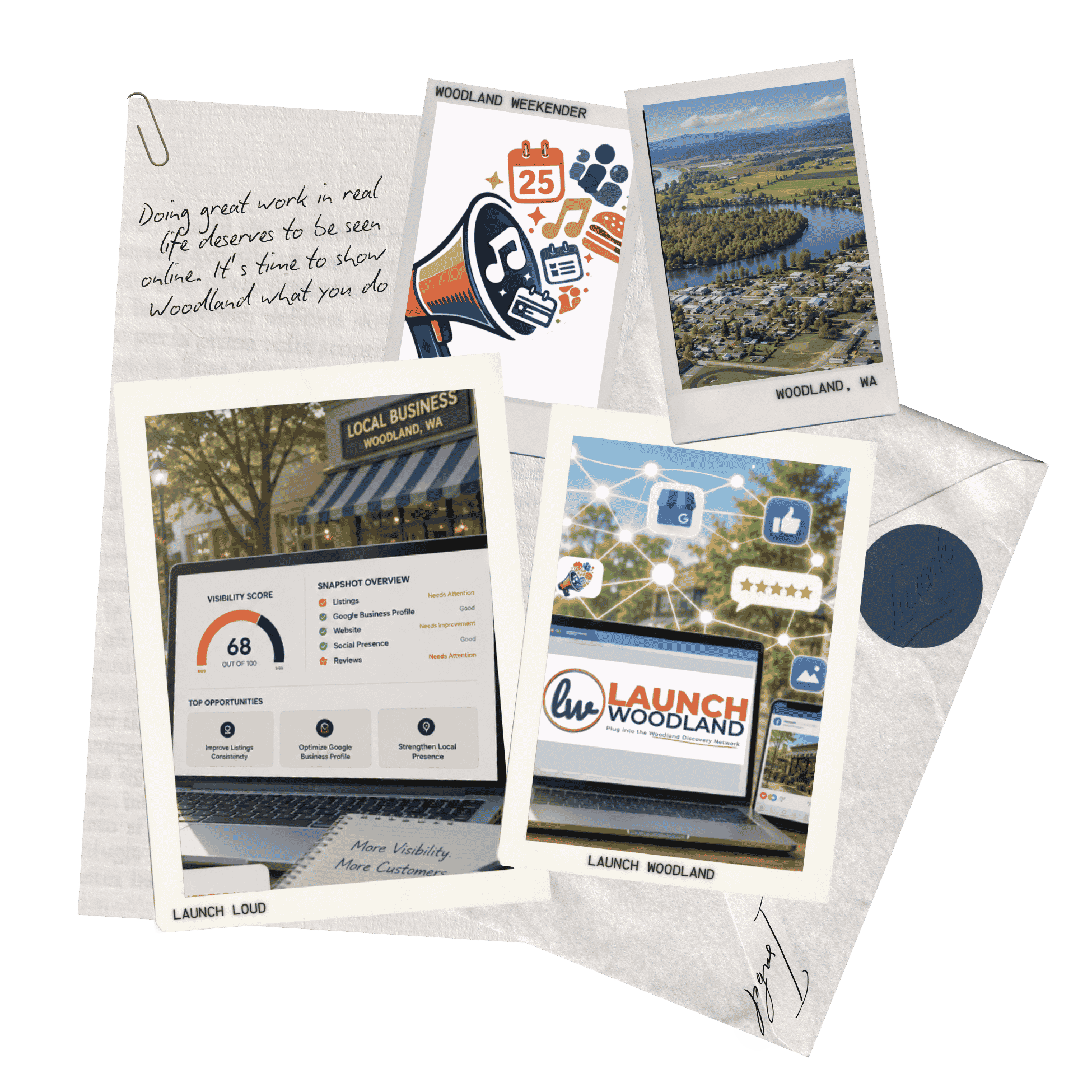 Collage of images and illustrations related to the Woodland, Washington community and digital marketing services. Includes a handwritten note, event flyer, landscape photo of a river and town, business storefront, a digital marketing plan, and a laptop screen showing online engagement metrics.