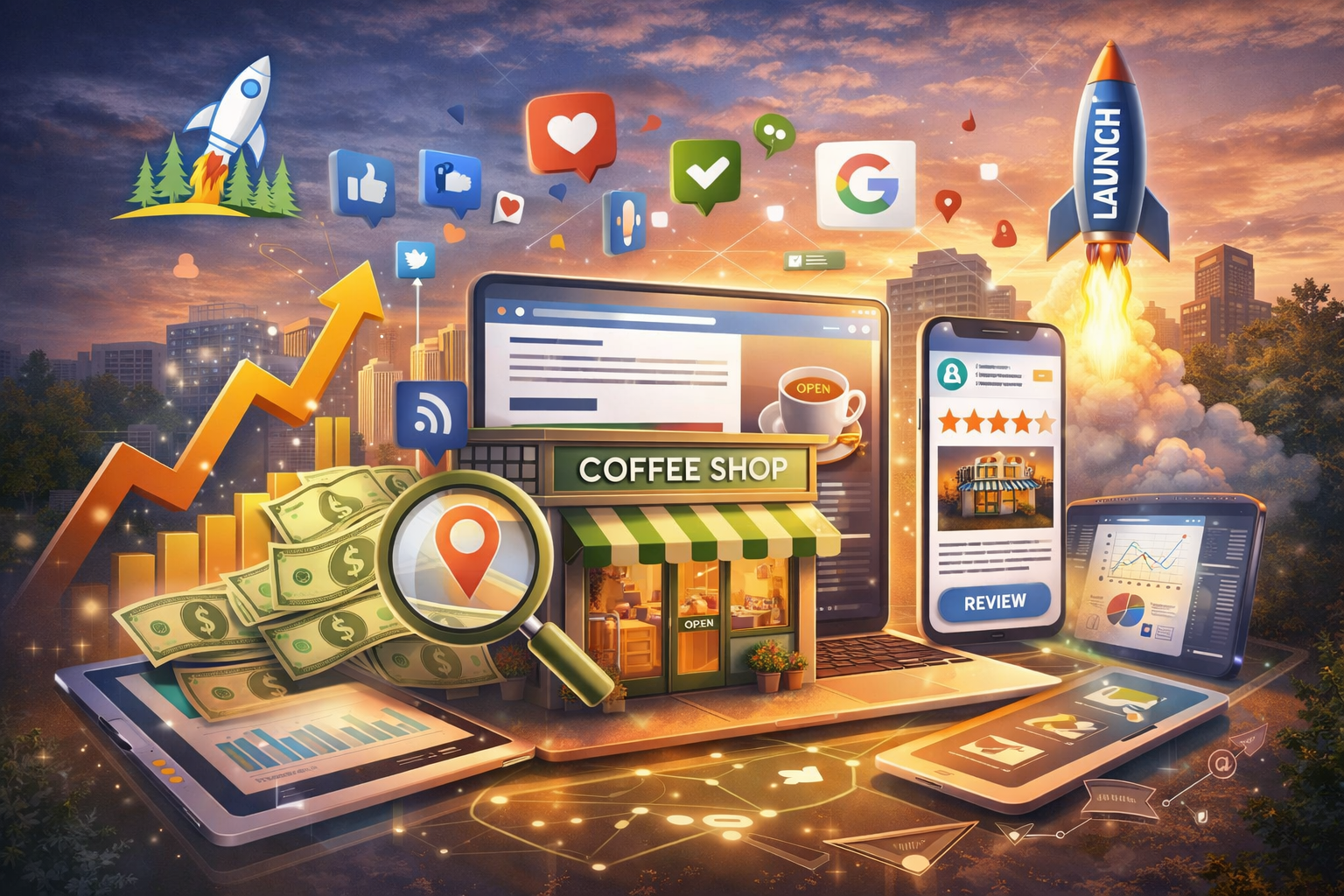 A digital cityscape showing a coffee shop with a green awning labeled 'Coffee Shop' surrounded by laptops, tablets, smartphones, and digital icons including a rocket ship, money, charts, social media icons, and a magnifying glass with a location pin, symbolizing online business growth, marketing, and launch.