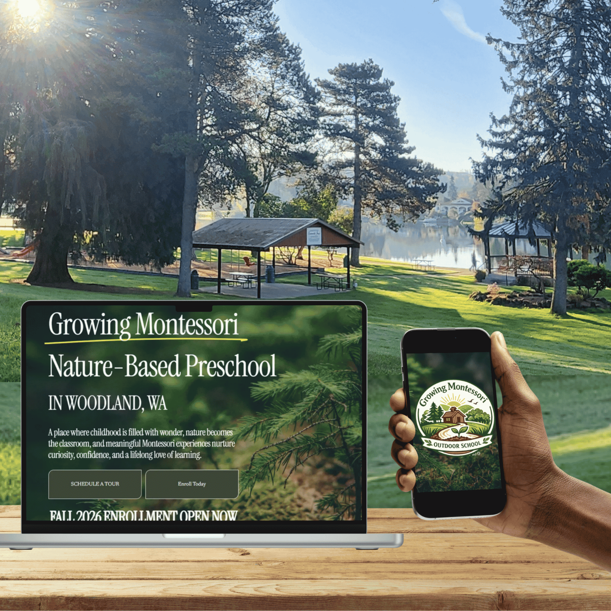 A person holding a smartphone displaying a logo for Growing Montessori Outdoor School, with trees and a park setting in the background.